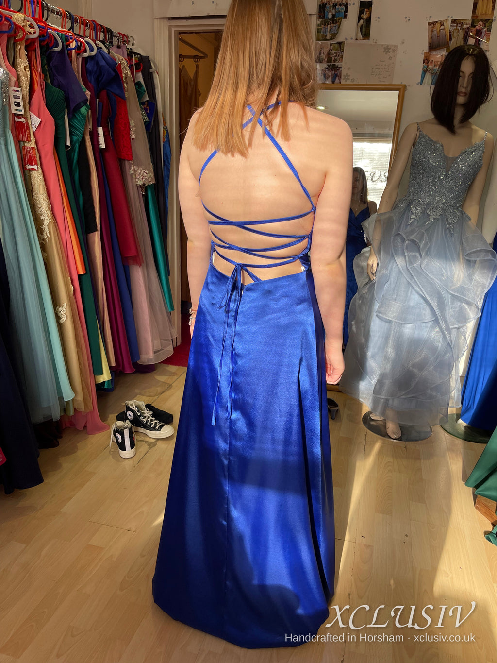 Royal Blue Satin Lace-Up Back A-Line Prom Dress – XCLUSIV Horsham (view 4)