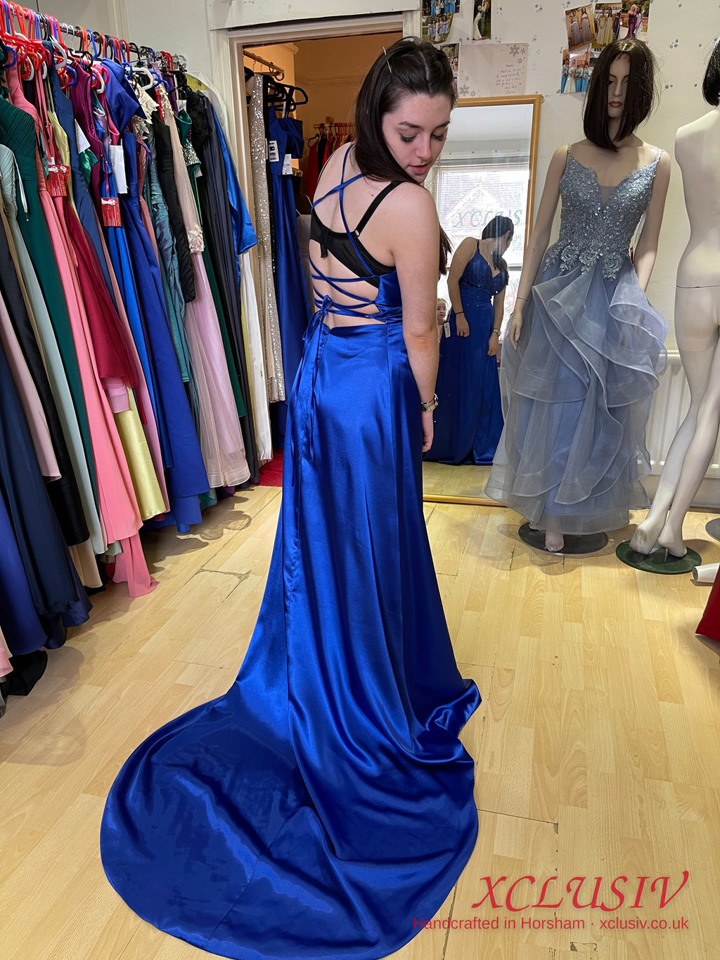 Royal Blue Satin Lace-Up Back A-Line Prom Dress – XCLUSIV Horsham (view 7)