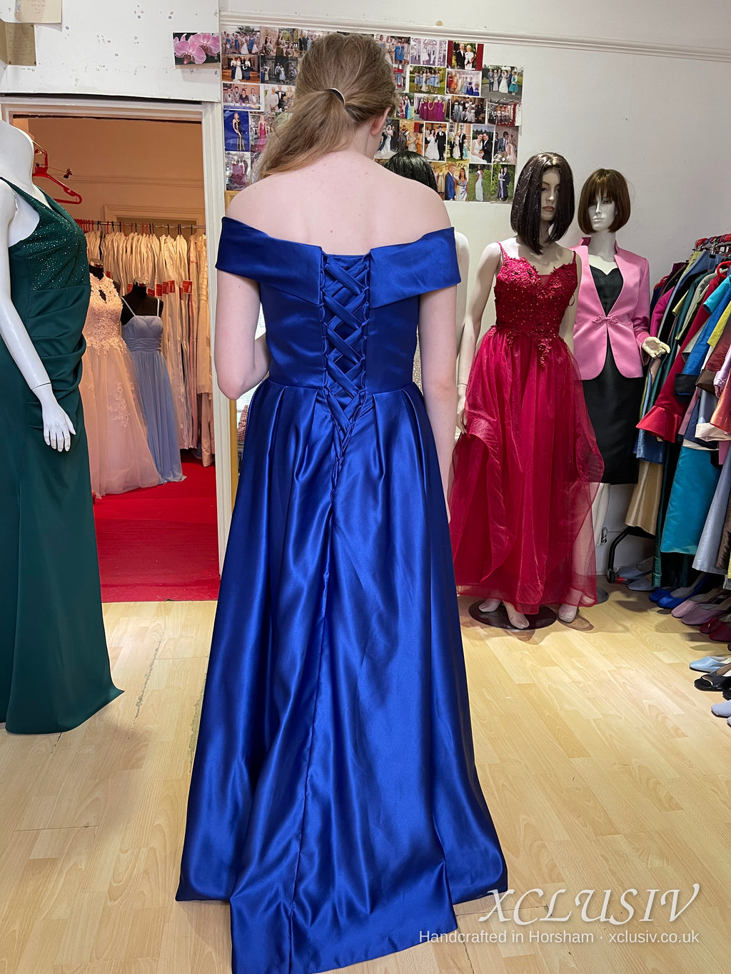 Royal Blue Satin Off-Shoulder Lace-Up Back Ball Gown Prom Dress – XCLUSIV Horsham