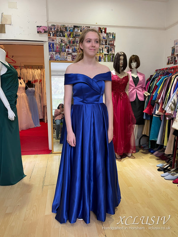 Royal Blue Satin Off-Shoulder Lace-Up Back Ball Gown Prom Dress – XCLUSIV Horsham (view 2)