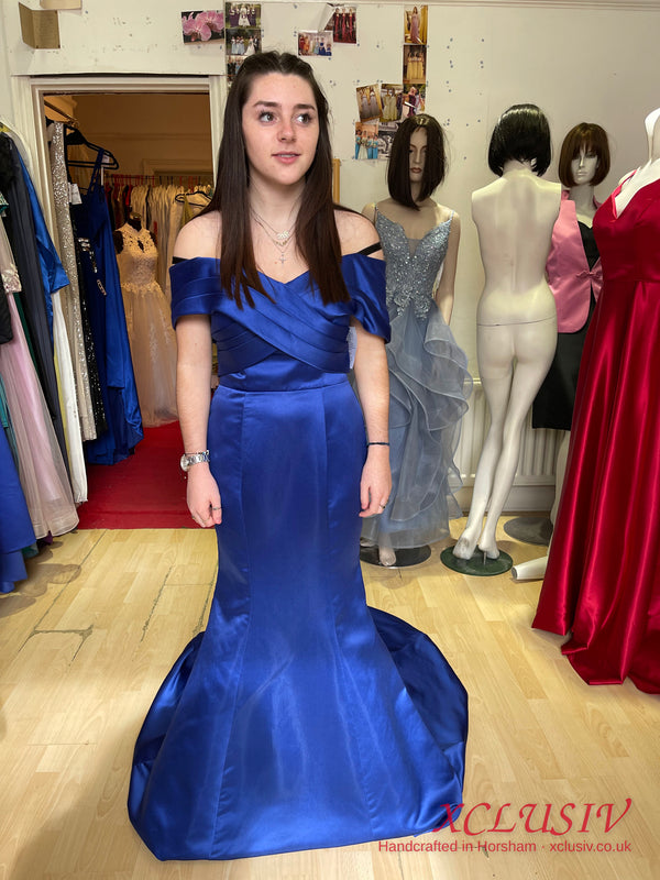 Royal Blue Satin Off-Shoulder Mermaid Prom Dress – XCLUSIV Horsham (view 2)