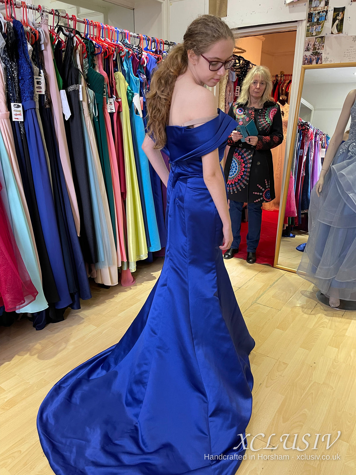 Royal Blue Satin Off-Shoulder Mermaid Prom Dress – XCLUSIV Horsham (view 3)