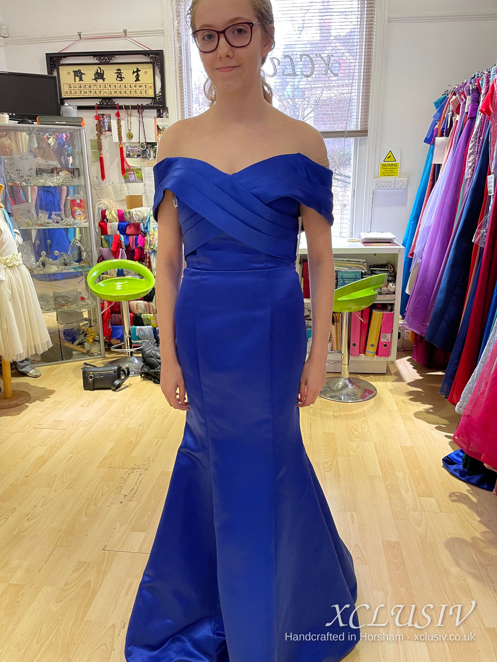 Royal Blue Satin Off-Shoulder Mermaid Prom Dress – XCLUSIV Horsham (view 5)