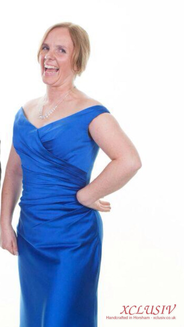 Royal Blue Satin Off-Shoulder Mother of the Bride Dress – XCLUSIV Horsham