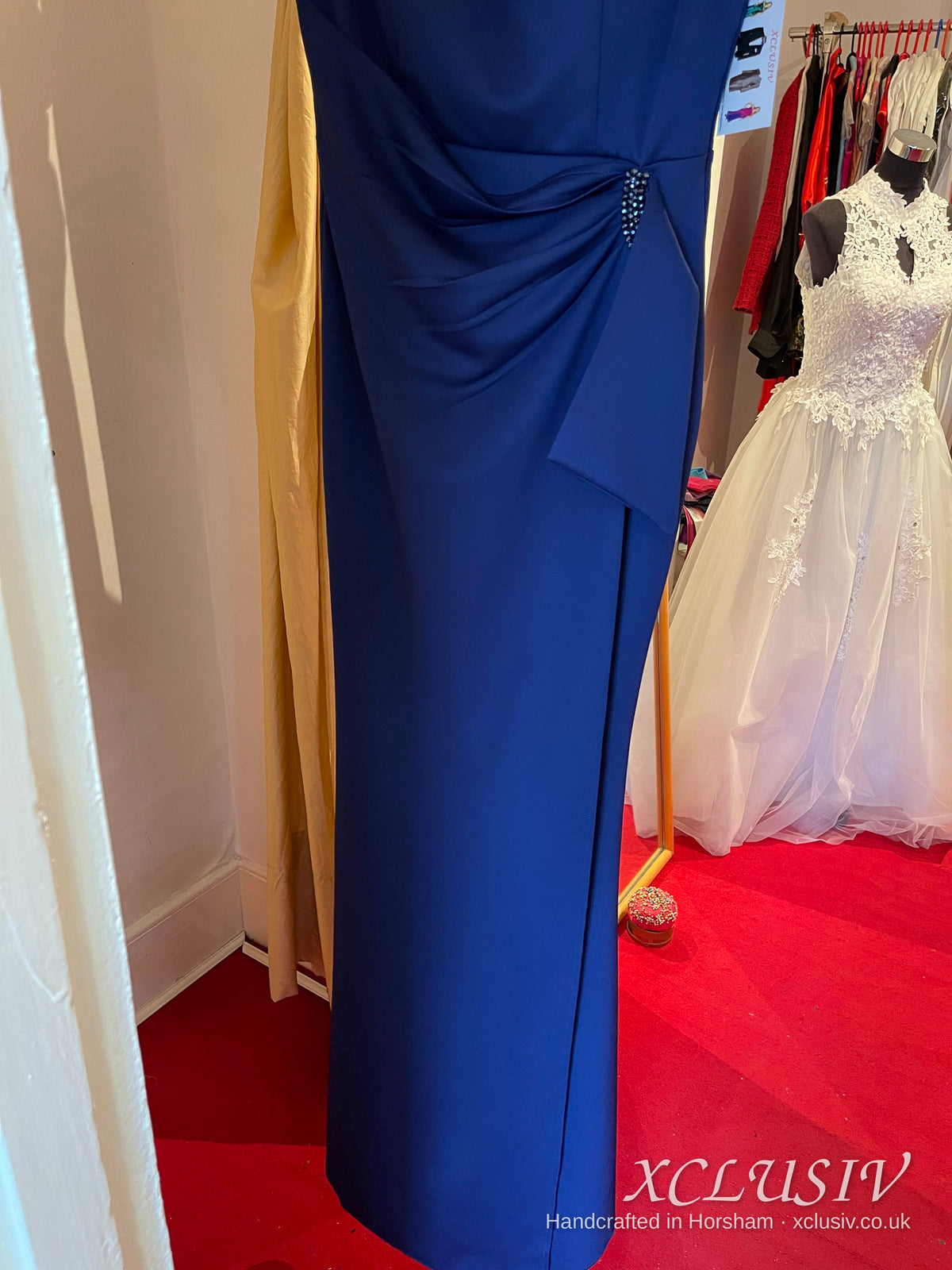 Royal Blue Satin Off-Shoulder Prom Dress – XCLUSIV Horsham (view 2)
