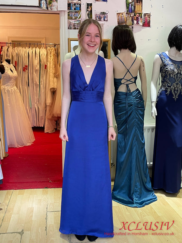 Royal Blue Satin Plunge Cross-Back Prom Dress – XCLUSIV Horsham