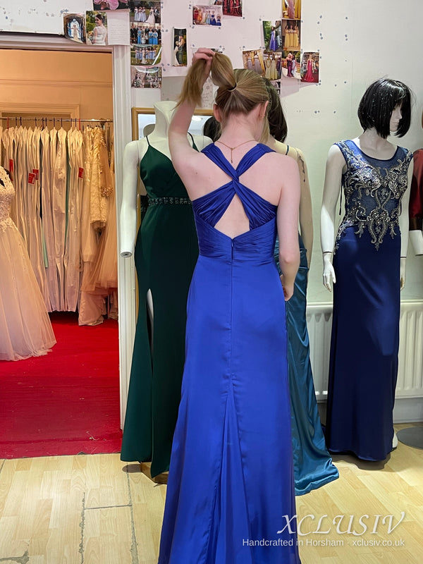 Royal Blue Satin Plunge Cross-Back Prom Dress – XCLUSIV Horsham (view 2)