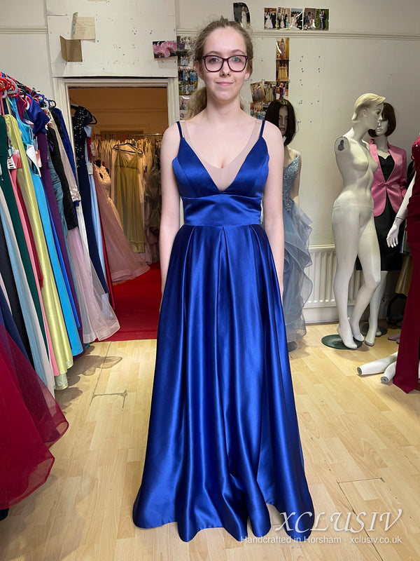Royal Blue Satin V-Neck Ball Gown Prom Dress – XCLUSIV Horsham (view 2)