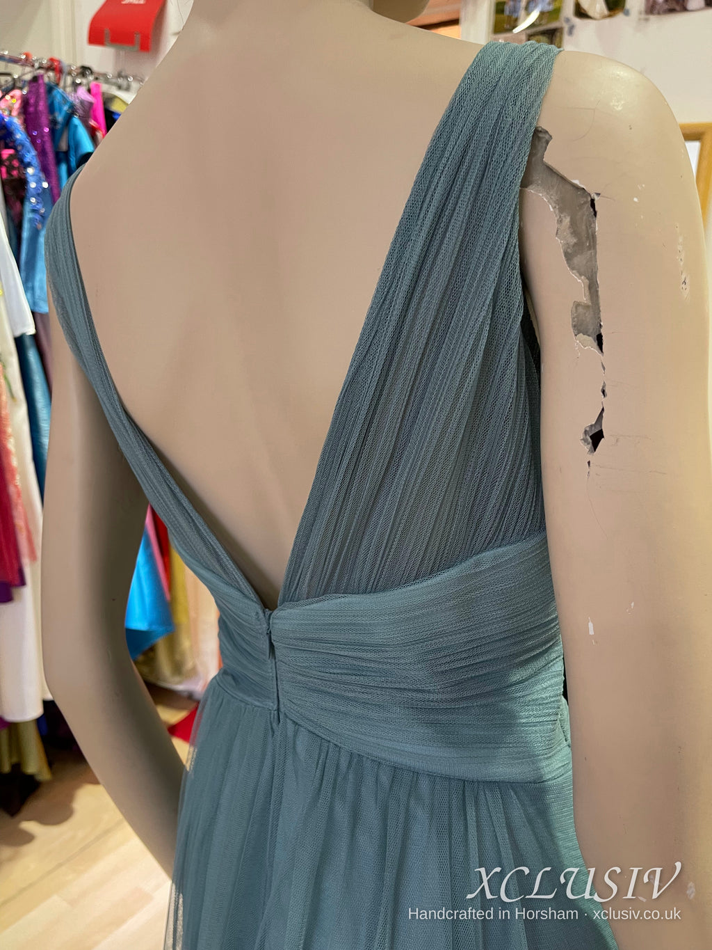 Sage Blue Tulle V-Neck Bridesmaid Dress – XCLUSIV Horsham (view 10)