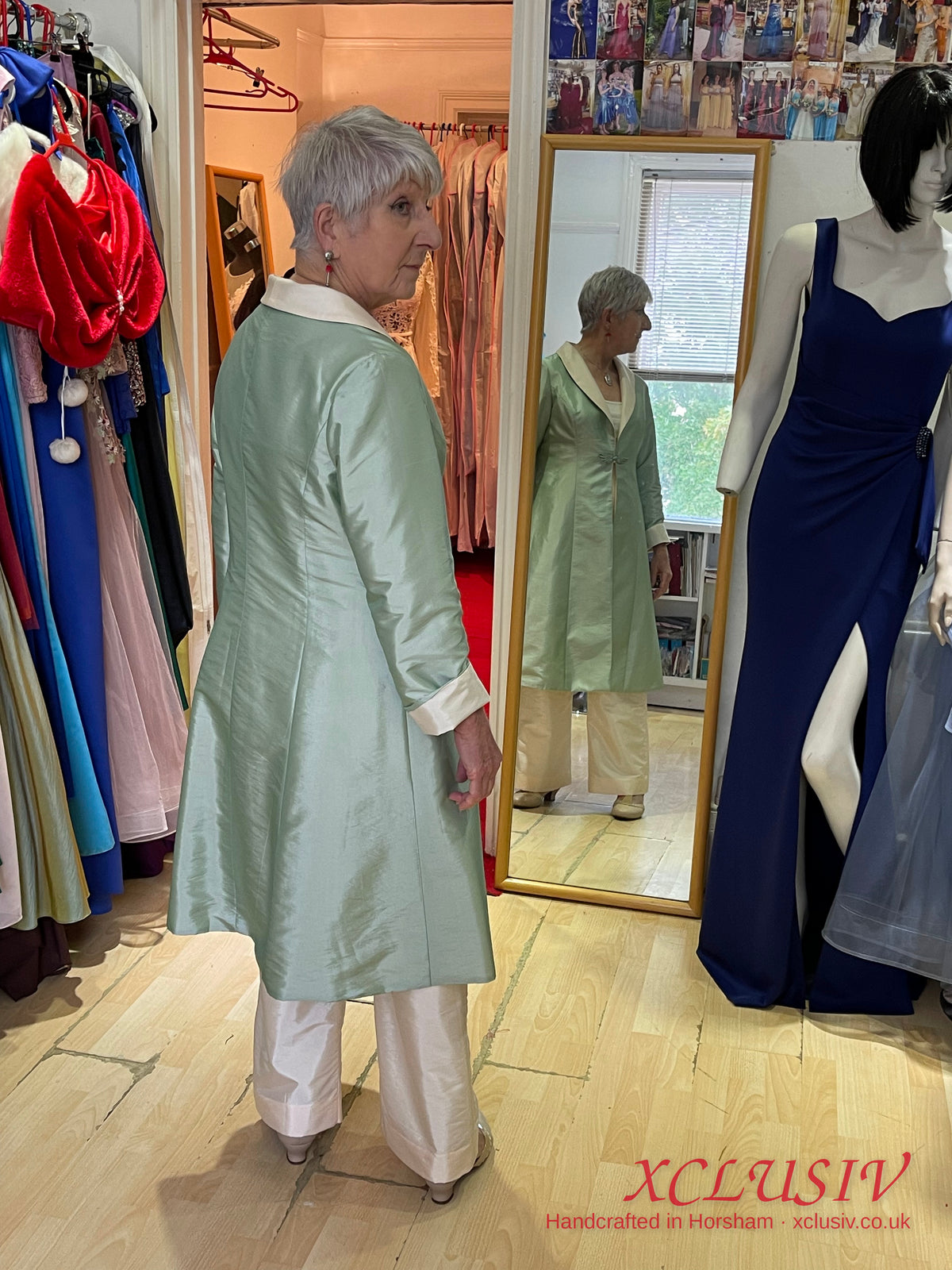 Sage Silk Long Coat & Ivory Trousers – Mother of the Bride – XCLUSIV Horsham