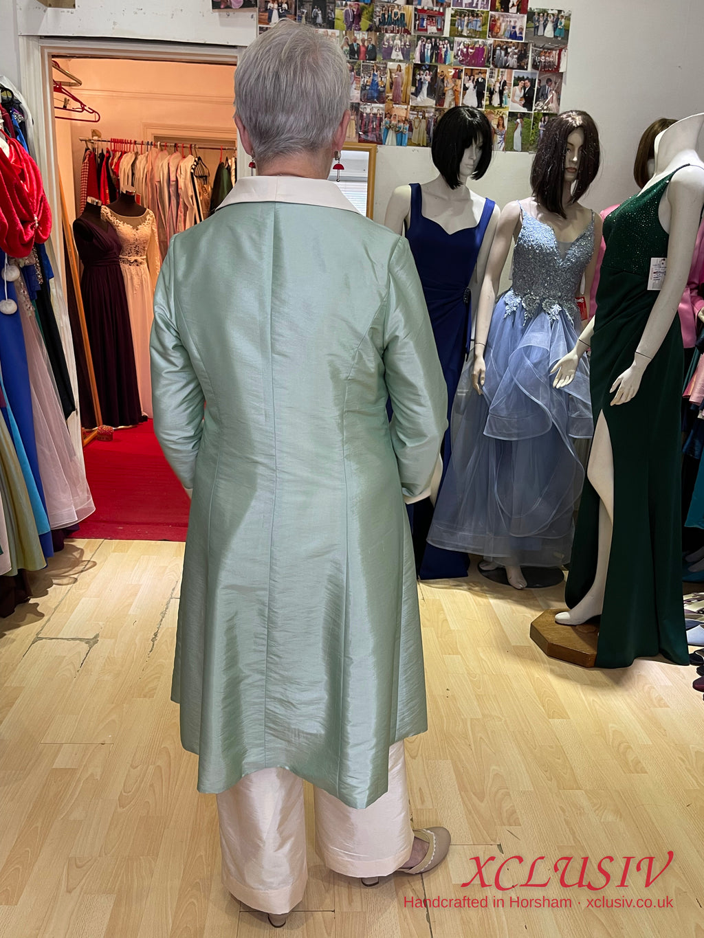 Sage Silk Long Coat & Ivory Trousers – Mother of the Bride – XCLUSIV Horsham (view 2)
