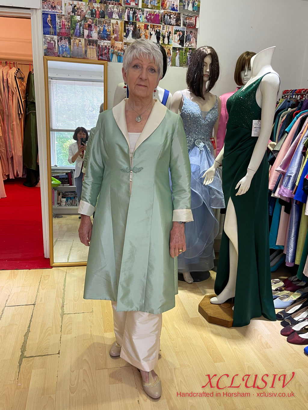 Sage Silk Long Coat & Ivory Trousers – Mother of the Bride – XCLUSIV Horsham (view 3)