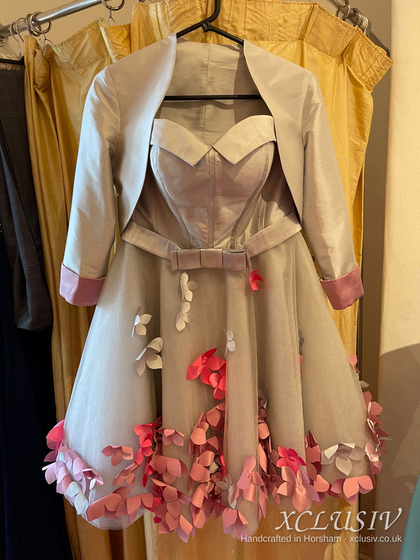 Silver Grey Short Prom Dress with Pink 3D Flowers & Bolero – XCLUSIV Horsham
