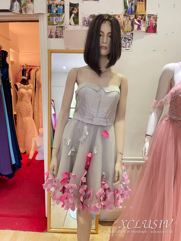 Silver Grey Short Prom Dress with Pink 3D Flowers & Bolero – XCLUSIV Horsham (view 2)
