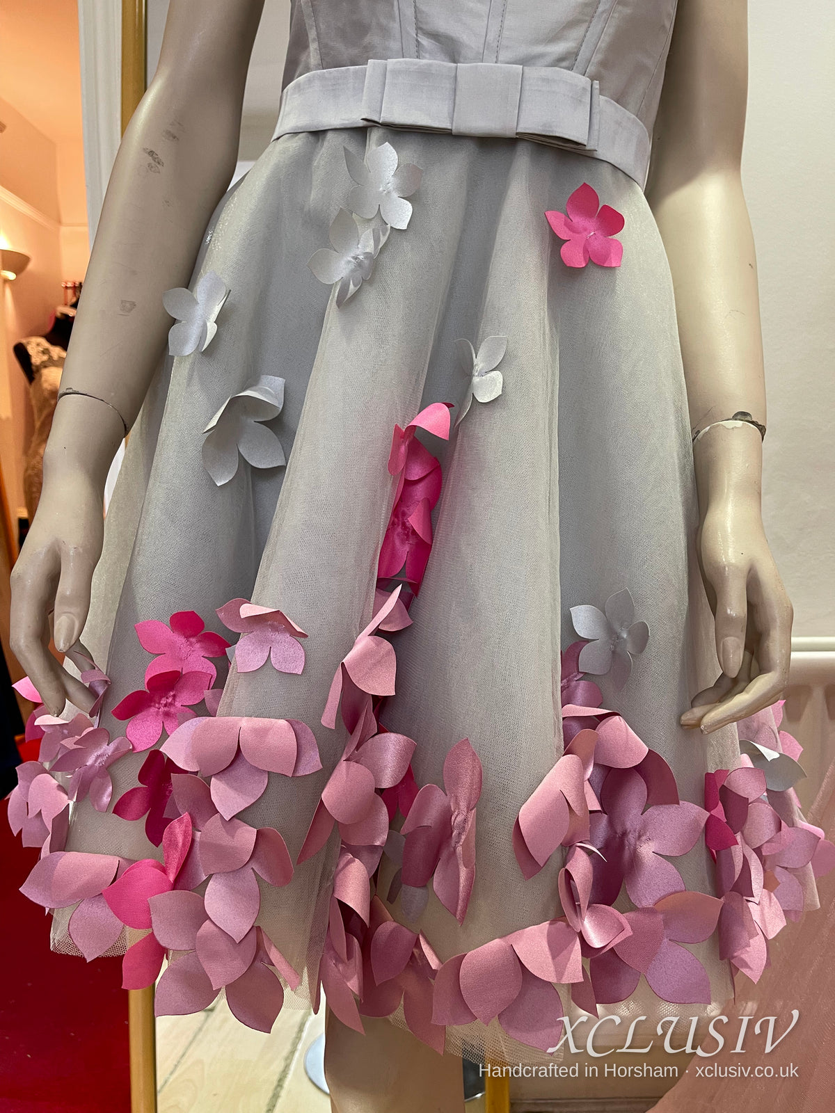 Silver Grey Short Prom Dress with Pink 3D Flowers & Bolero – XCLUSIV Horsham (view 4)