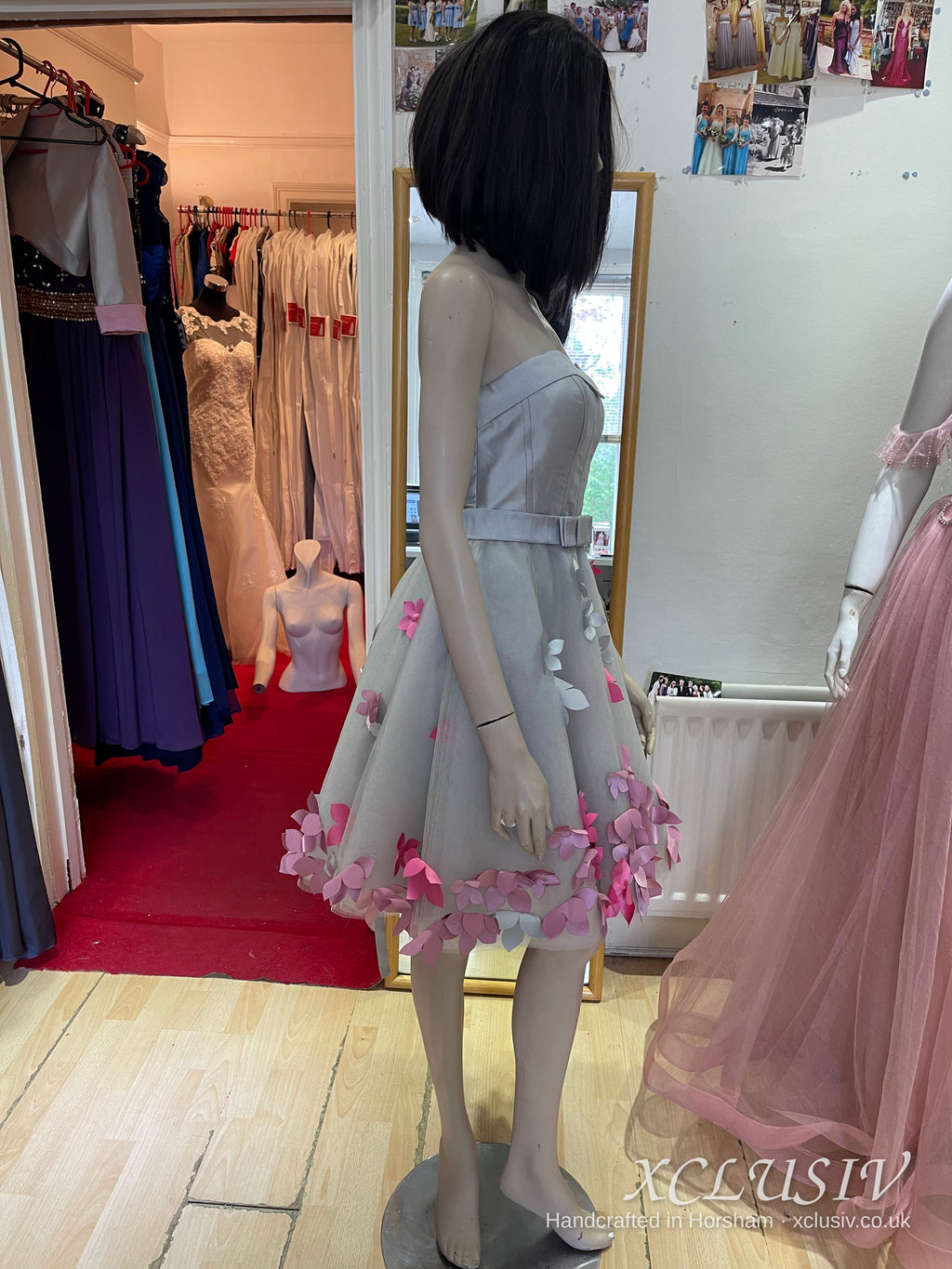 Silver Grey Short Prom Dress with Pink 3D Flowers & Bolero – XCLUSIV Horsham (view 5)