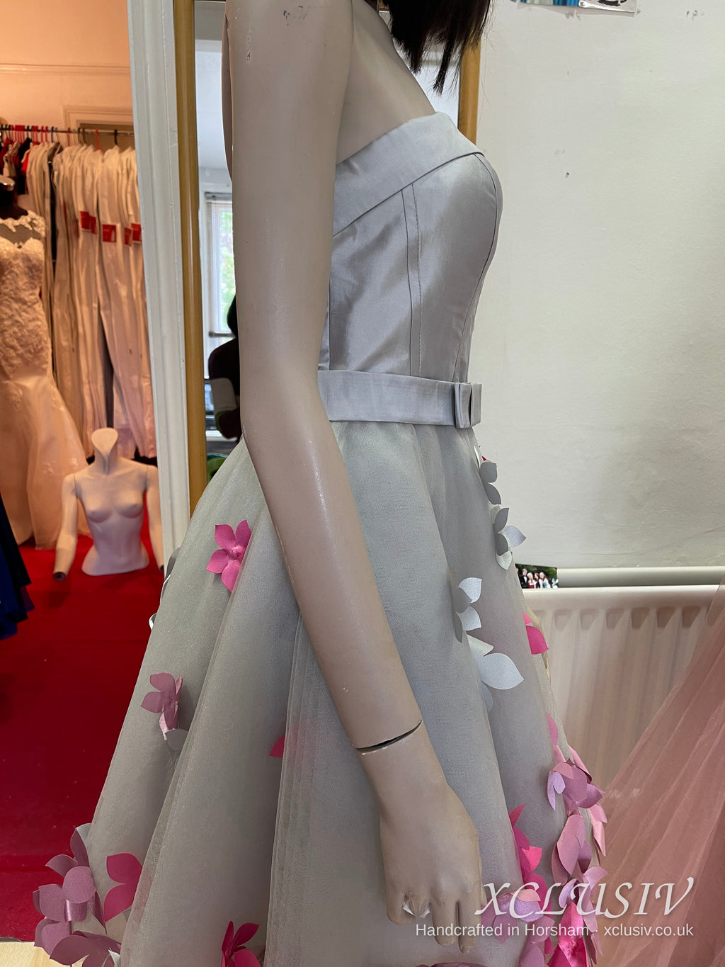 Silver Grey Short Prom Dress with Pink 3D Flowers & Bolero – XCLUSIV Horsham (view 6)