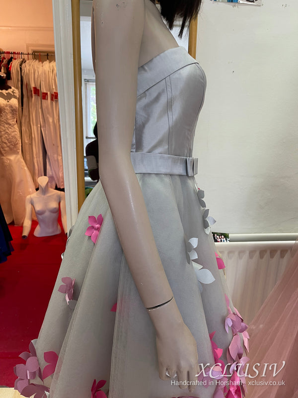 Silver Grey Short Prom Dress with Pink 3D Flowers & Bolero – XCLUSIV Horsham (view 6)