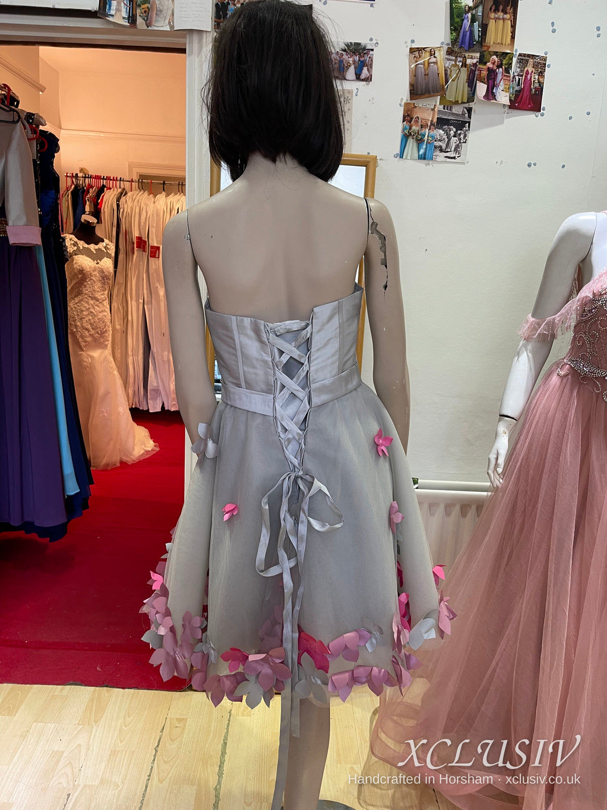 Silver Grey Short Prom Dress with Pink 3D Flowers & Bolero – XCLUSIV Horsham (view 7)