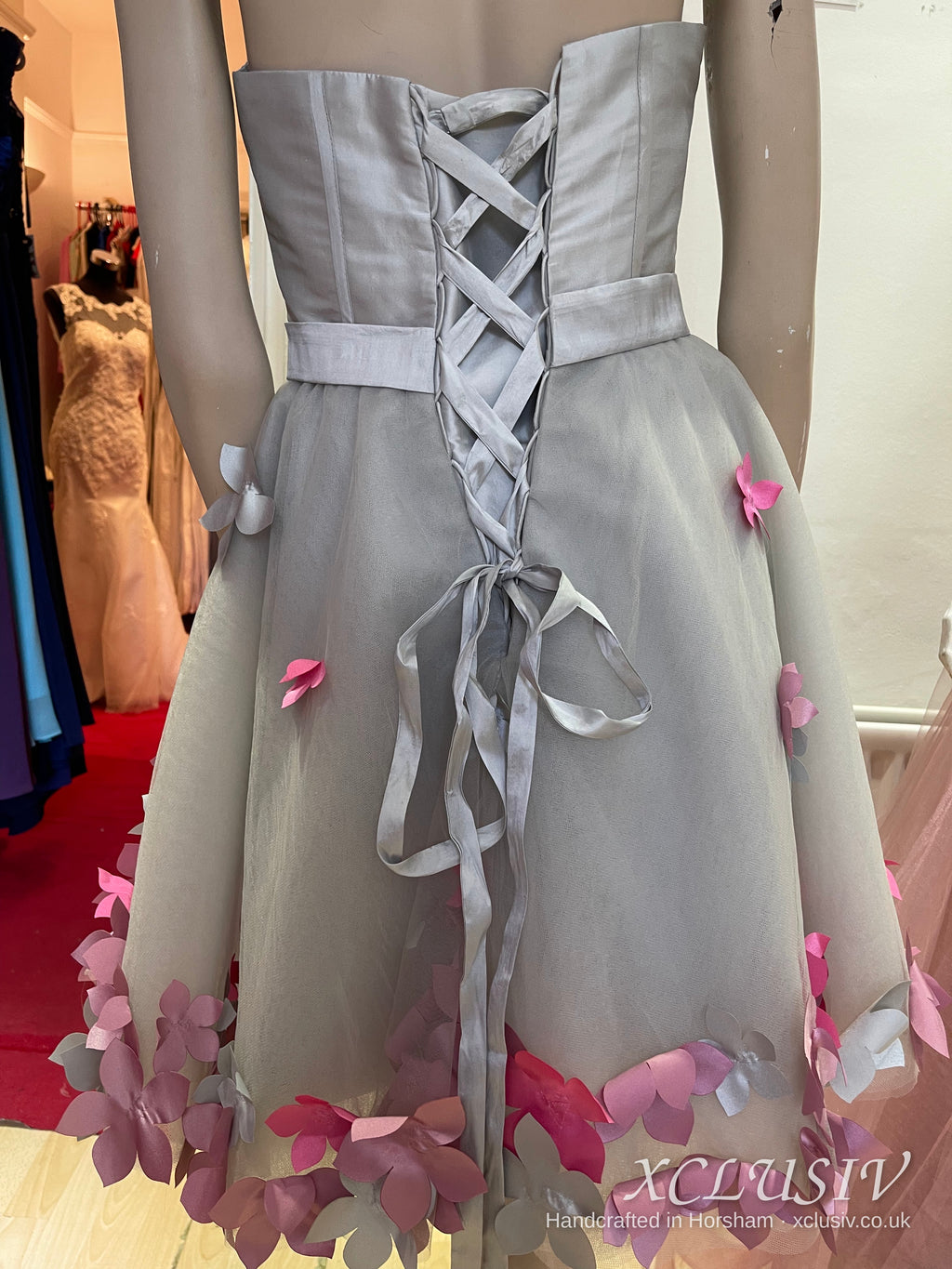 Silver Grey Short Prom Dress with Pink 3D Flowers & Bolero – XCLUSIV Horsham (view 8)