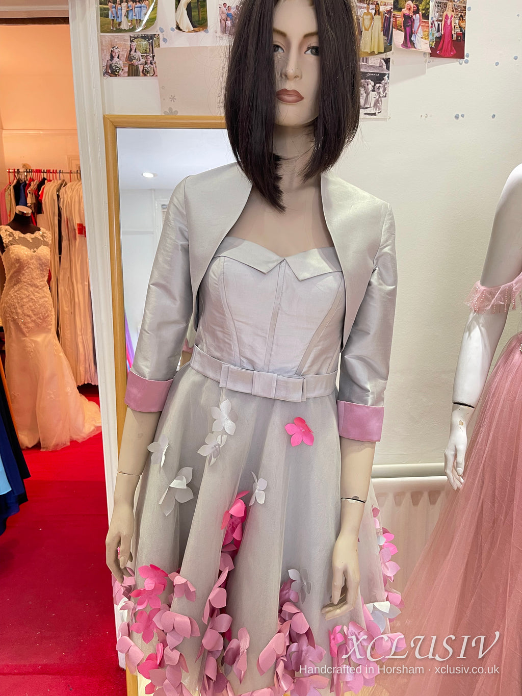 Silver Grey Short Prom Dress with Pink 3D Flowers & Bolero – XCLUSIV Horsham (view 10)