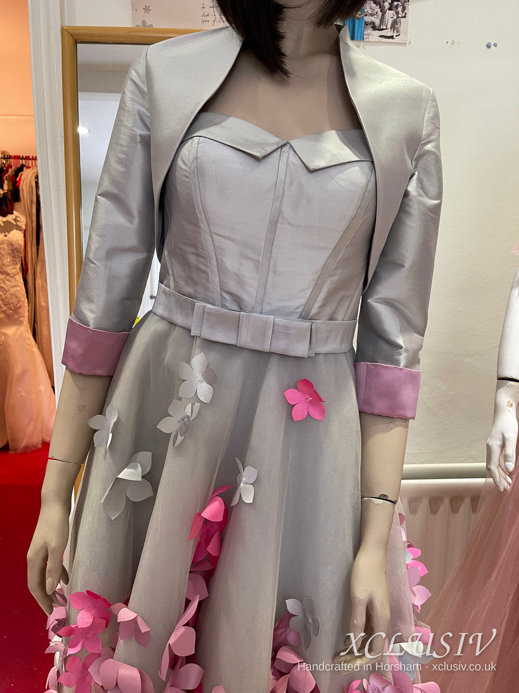 Silver Grey Short Prom Dress with Pink 3D Flowers & Bolero – XCLUSIV Horsham (view 11)