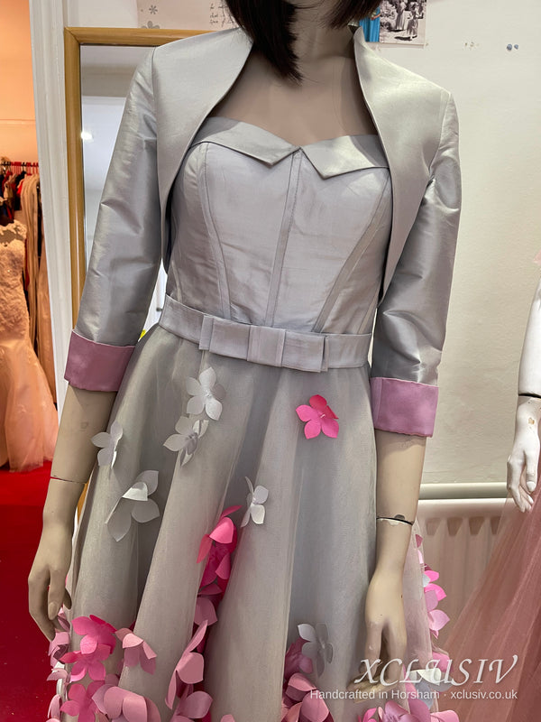 Silver Grey Short Prom Dress with Pink 3D Flowers & Bolero – XCLUSIV Horsham (view 11)