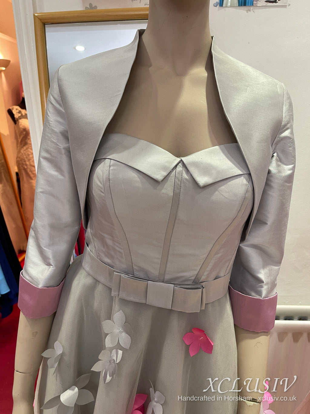 Silver Grey Short Prom Dress with Pink 3D Flowers & Bolero – XCLUSIV Horsham (view 12)