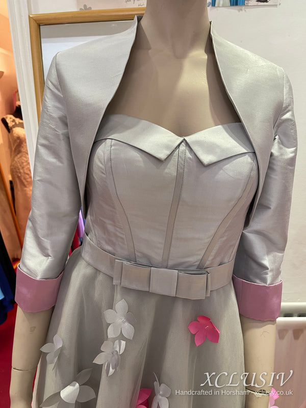 Silver Grey Short Prom Dress with Pink 3D Flowers & Bolero – XCLUSIV Horsham (view 13)