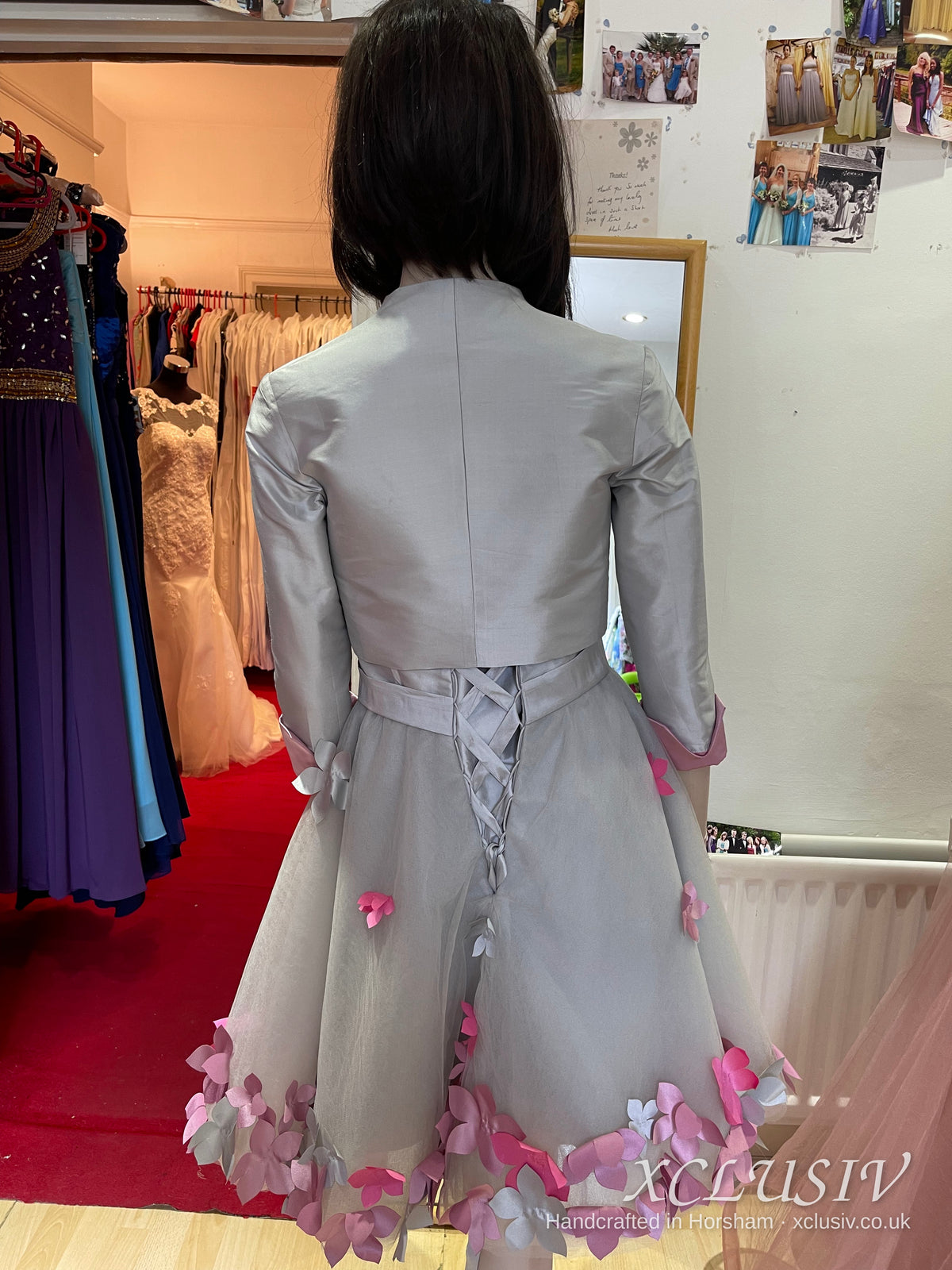 Silver Grey Short Prom Dress with Pink 3D Flowers & Bolero – XCLUSIV Horsham (view 15)