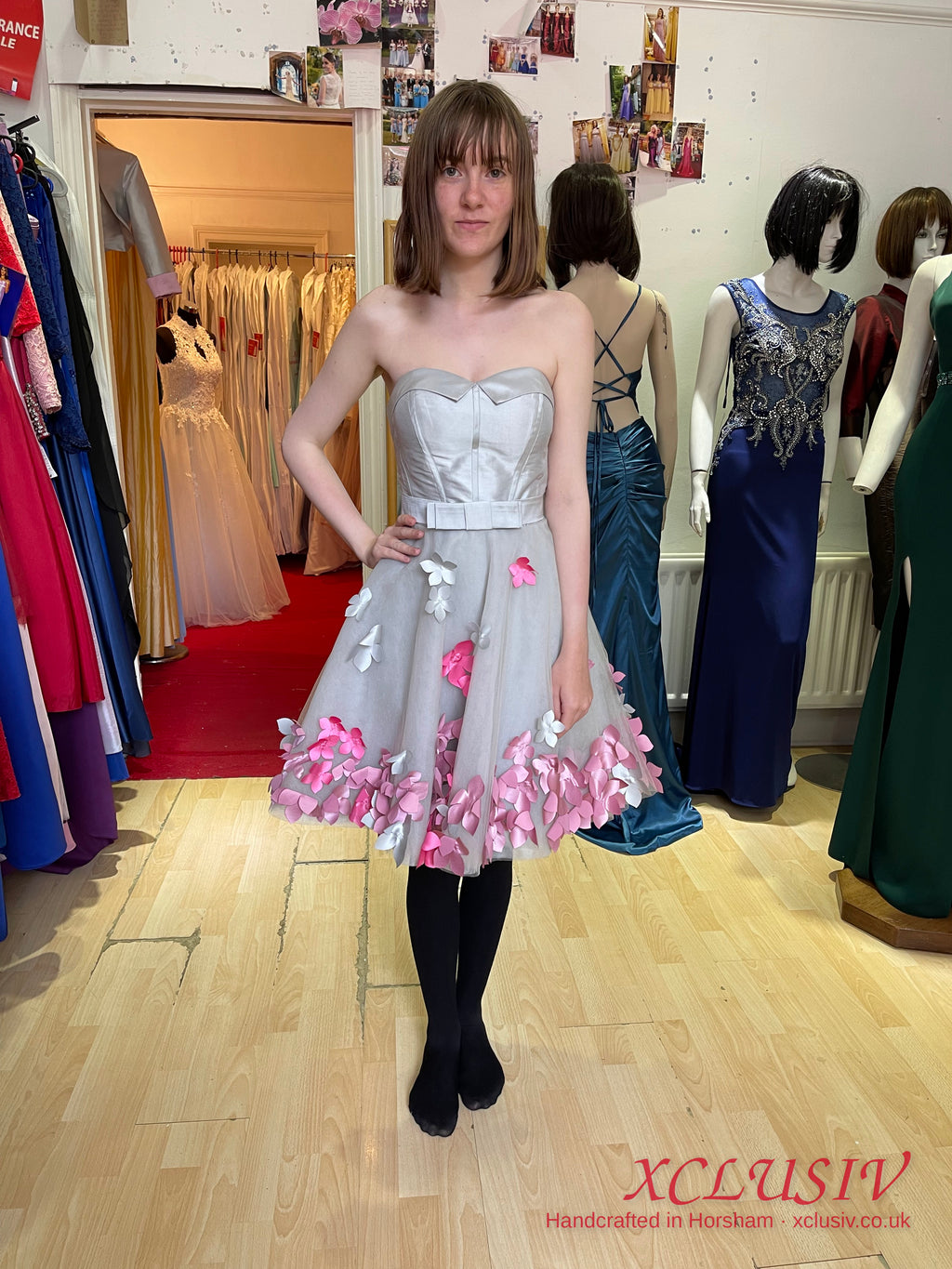 Silver Grey Short Prom Dress with Pink 3D Flowers & Bolero – XCLUSIV Horsham (view 21)