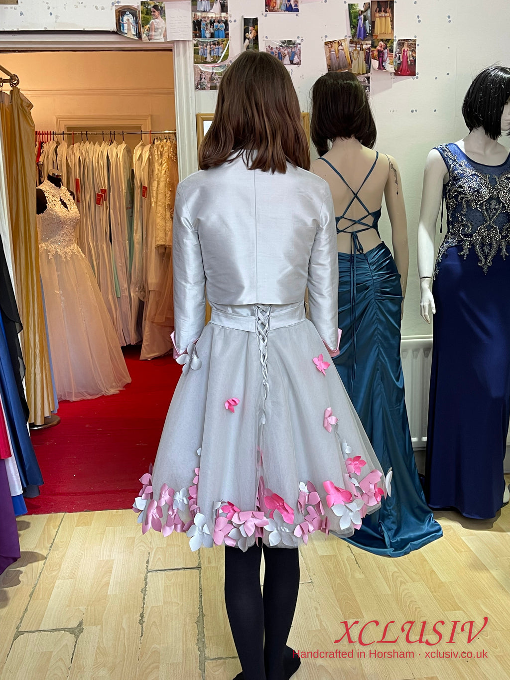 Silver Grey Short Prom Dress with Pink 3D Flowers & Bolero – XCLUSIV Horsham (view 24)