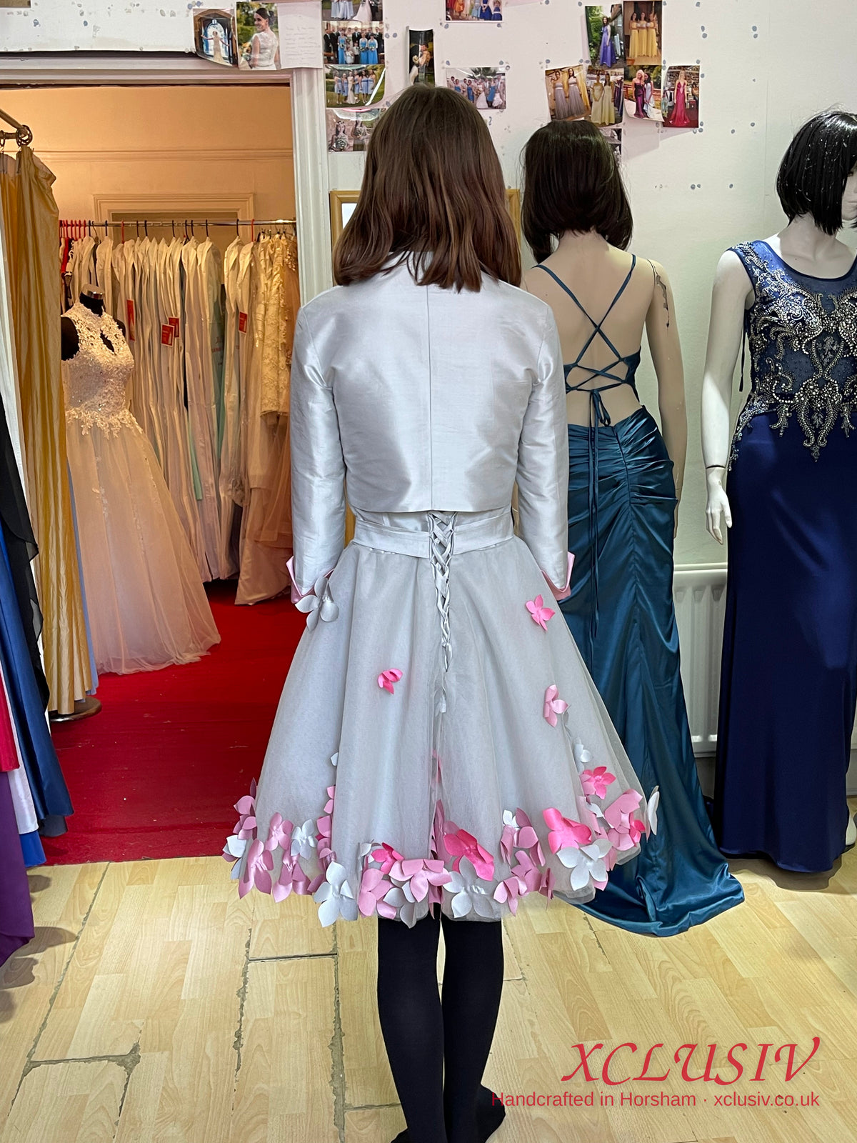 Silver Grey Short Prom Dress with Pink 3D Flowers & Bolero – XCLUSIV Horsham (view 24)