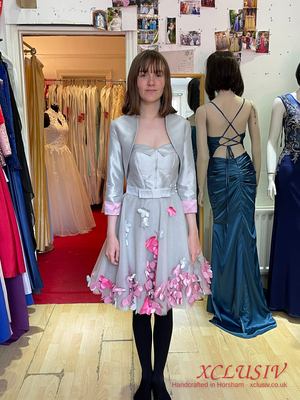 Silver Grey Short Prom Dress with Pink 3D Flowers & Bolero – XCLUSIV Horsham (view 25)