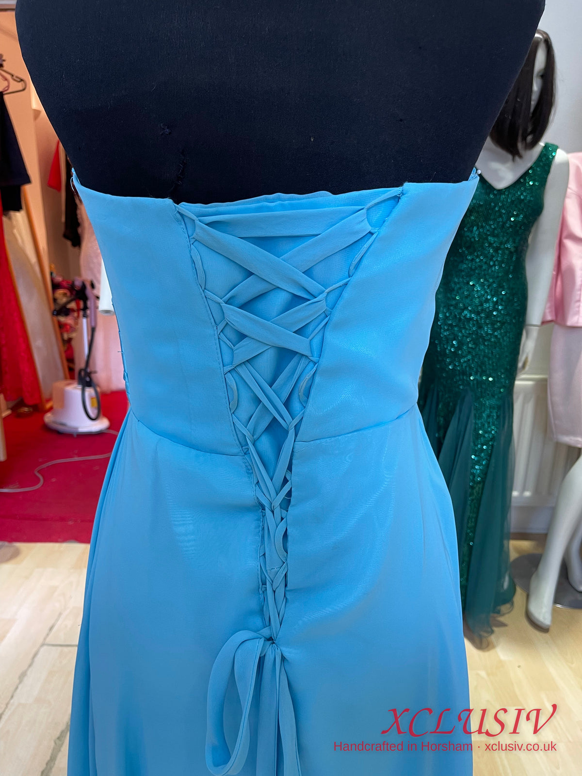 Sky Blue Chiffon Strapless Lace-Up Back Bridesmaid Dress – XCLUSIV Horsham (view 8)