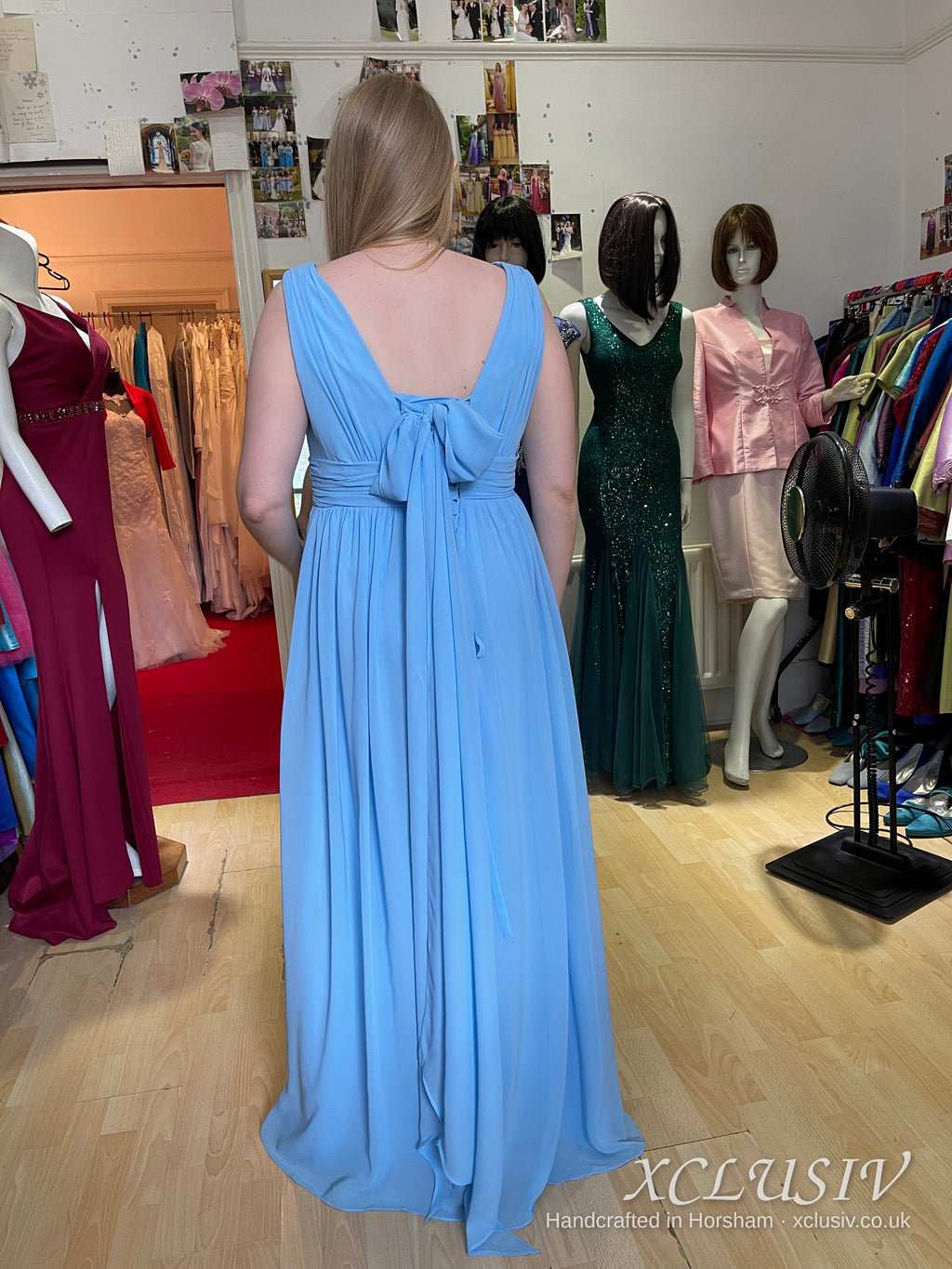 Sky Blue Chiffon V-Neck Bridesmaid Dress with Bow Back – XCLUSIV Horsham