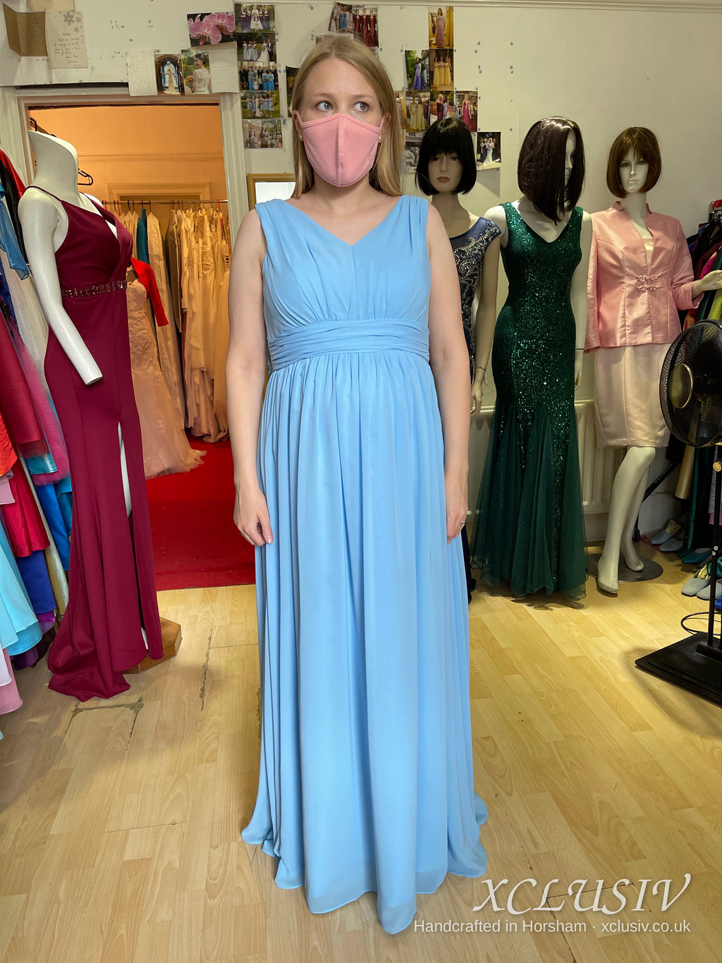 Sky Blue Chiffon V-Neck Bridesmaid Dress with Bow Back – XCLUSIV Horsham (view 2)