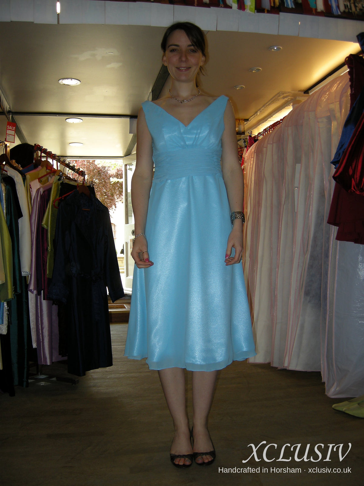 Sky Blue V-Neck Tea-Length Bridesmaid Dress – XCLUSIV Horsham