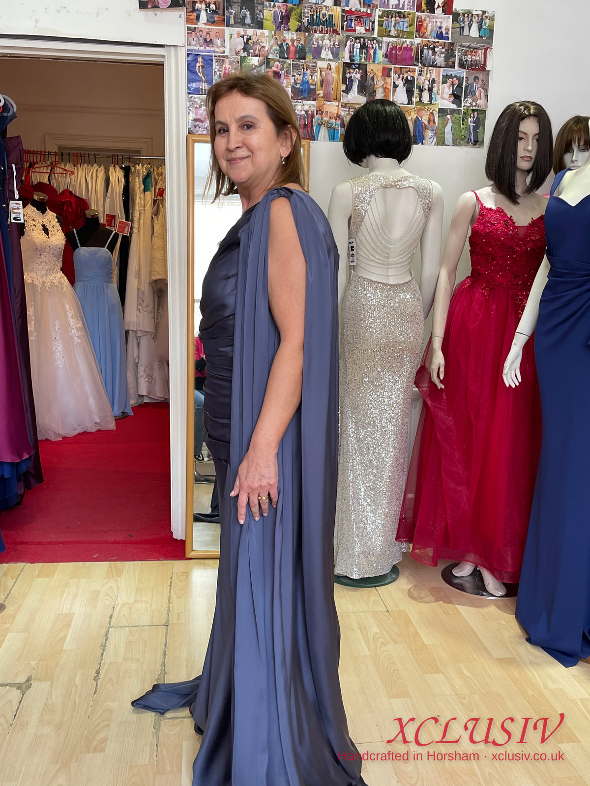 Slate Blue Satin One-Shoulder Cape Gown – Mother of the Bride – XCLUSIV Horsham Main image
