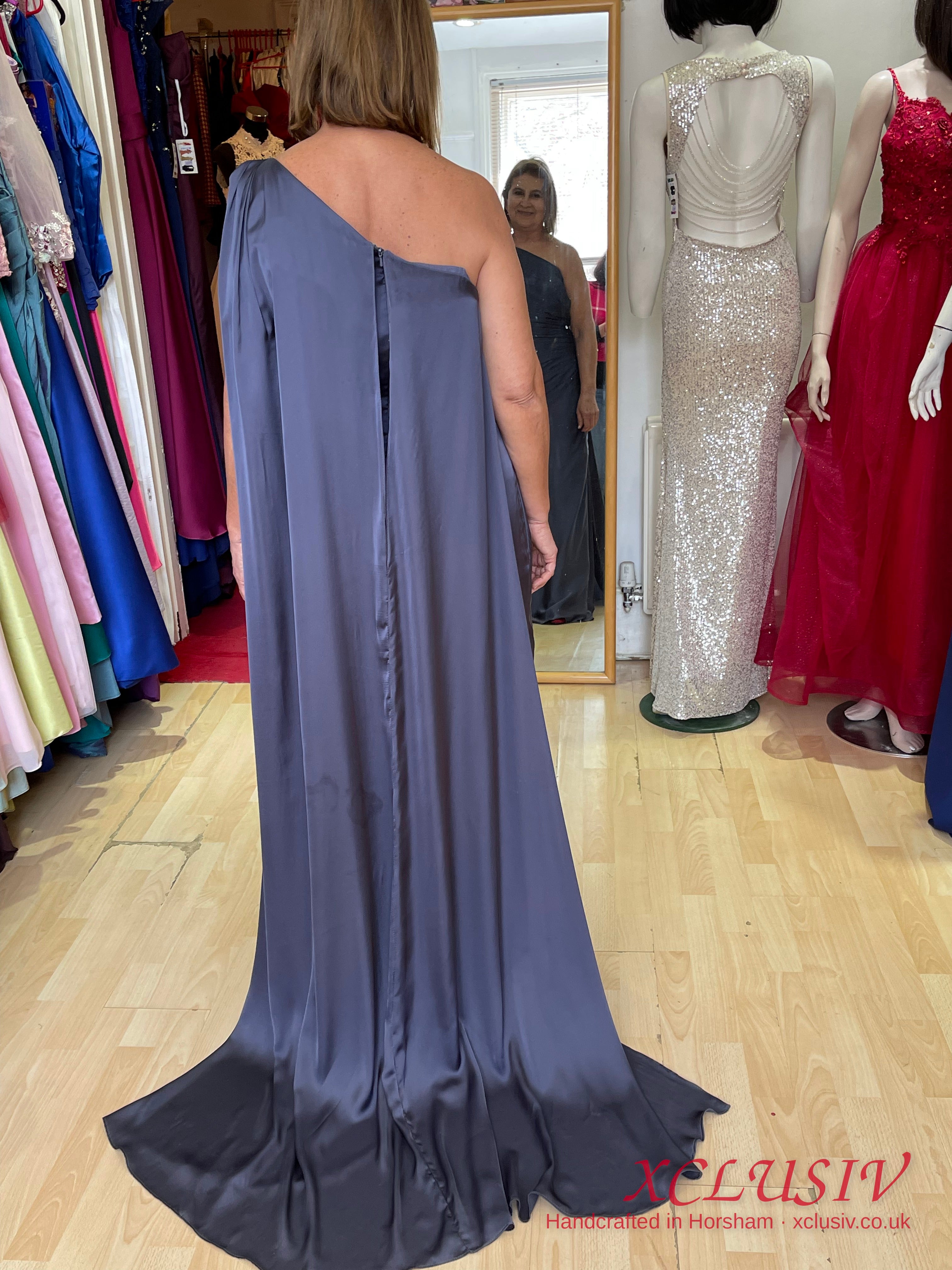 Slate Blue Satin One-Shoulder Cape Gown – Mother of the Bride Secondary image