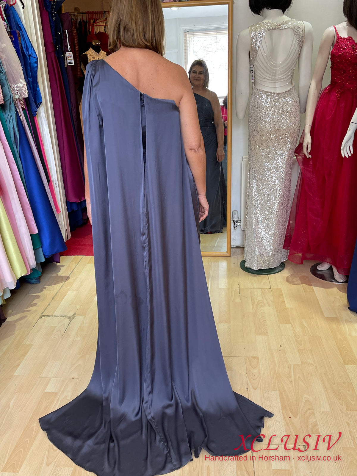 Slate Blue Satin One-Shoulder Cape Gown – Mother of the Bride – XCLUSIV Horsham (view 2)