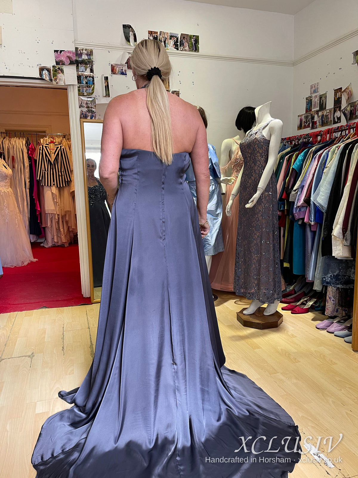 Slate Grey Satin Beaded Halter Train Prom & Evening Dress – XCLUSIV Horsham