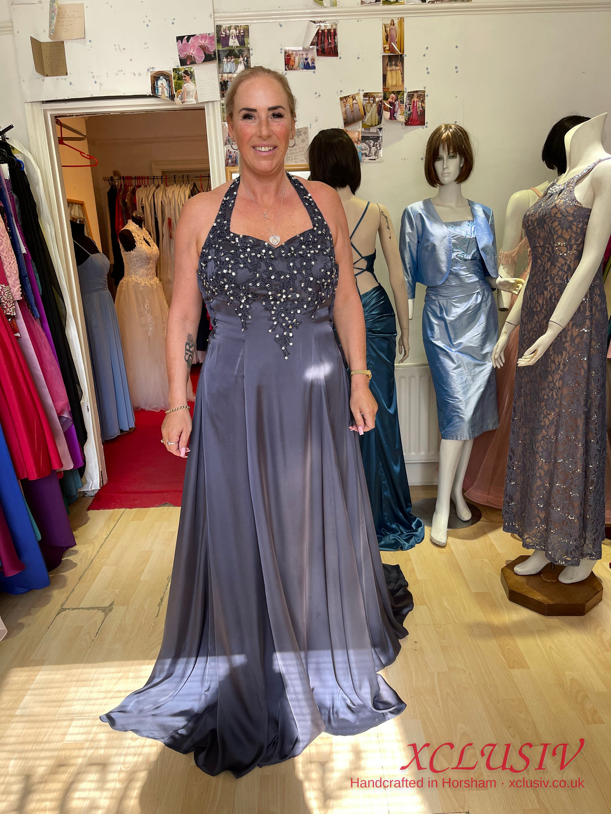 Slate Grey Satin Beaded Halter Train Prom & Evening Dress – XCLUSIV Horsham (view 2)