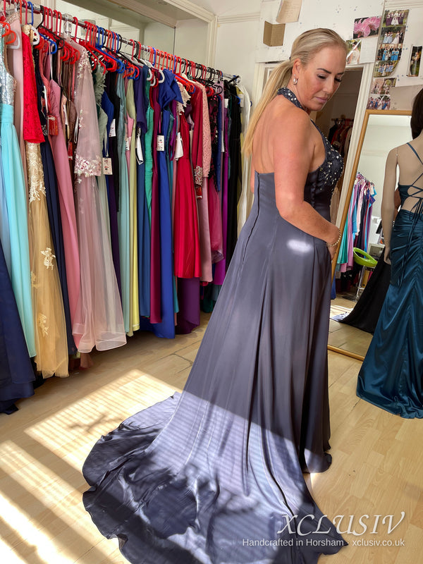 Slate Grey Satin Beaded Halter Train Prom & Evening Dress – XCLUSIV Horsham (view 3)