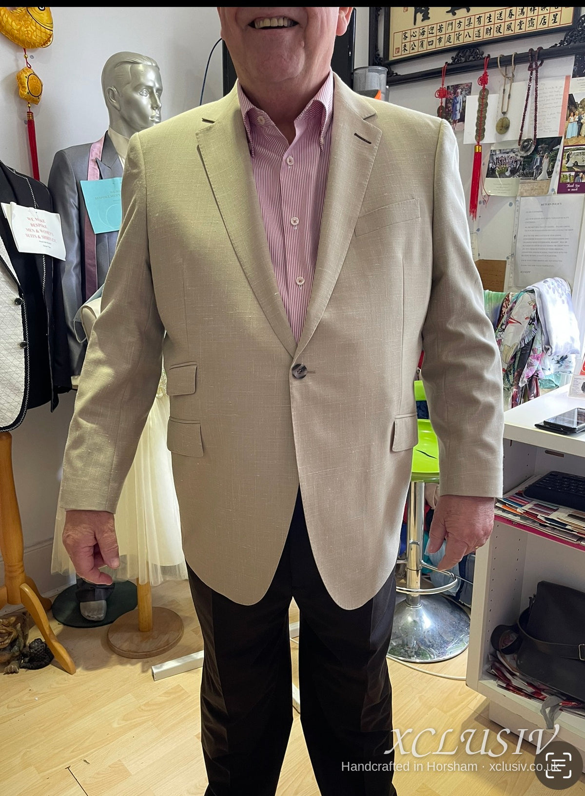 Stone Linen Blazer with Grey Trousers – XCLUSIV Horsham (view 4)
