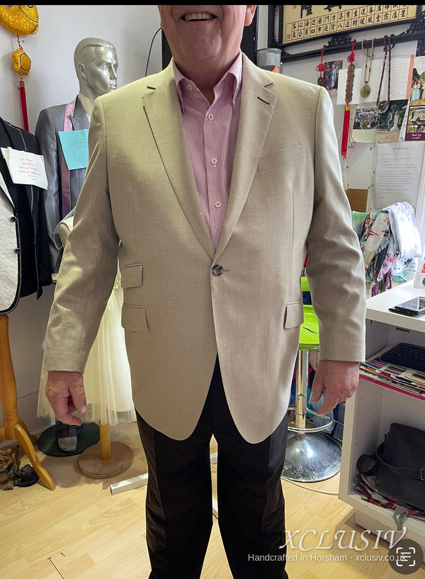 Stone Linen Blazer with Grey Trousers – XCLUSIV Horsham (view 4)