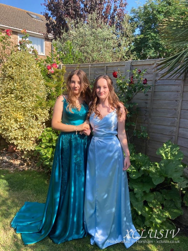 Teal & Sky Blue Satin Prom Dress – XCLUSIV Horsham