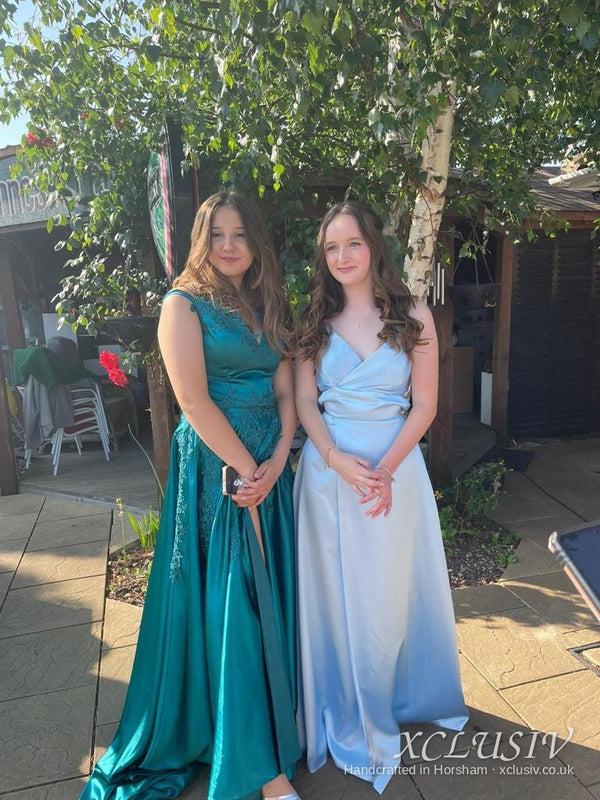 Teal & Sky Blue Satin Prom Dress – XCLUSIV Horsham (view 2)