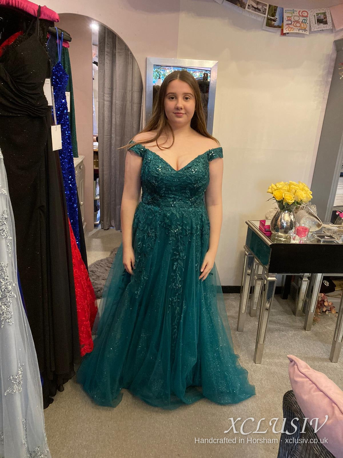 Teal Lace Off-Shoulder Ball Gown Prom Dress – XCLUSIV Horsham