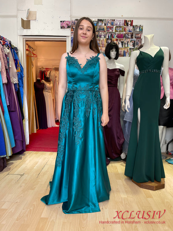Teal Lace Satin Train Prom Dress – XCLUSIV Horsham